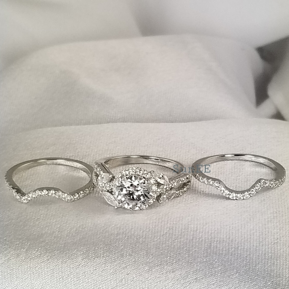 NEW 925 STERLING SILVER HALO DIAMOND ROUND CUT WEDDING RINGS ENGAGEMENT RINGS - Picture 4 of 5